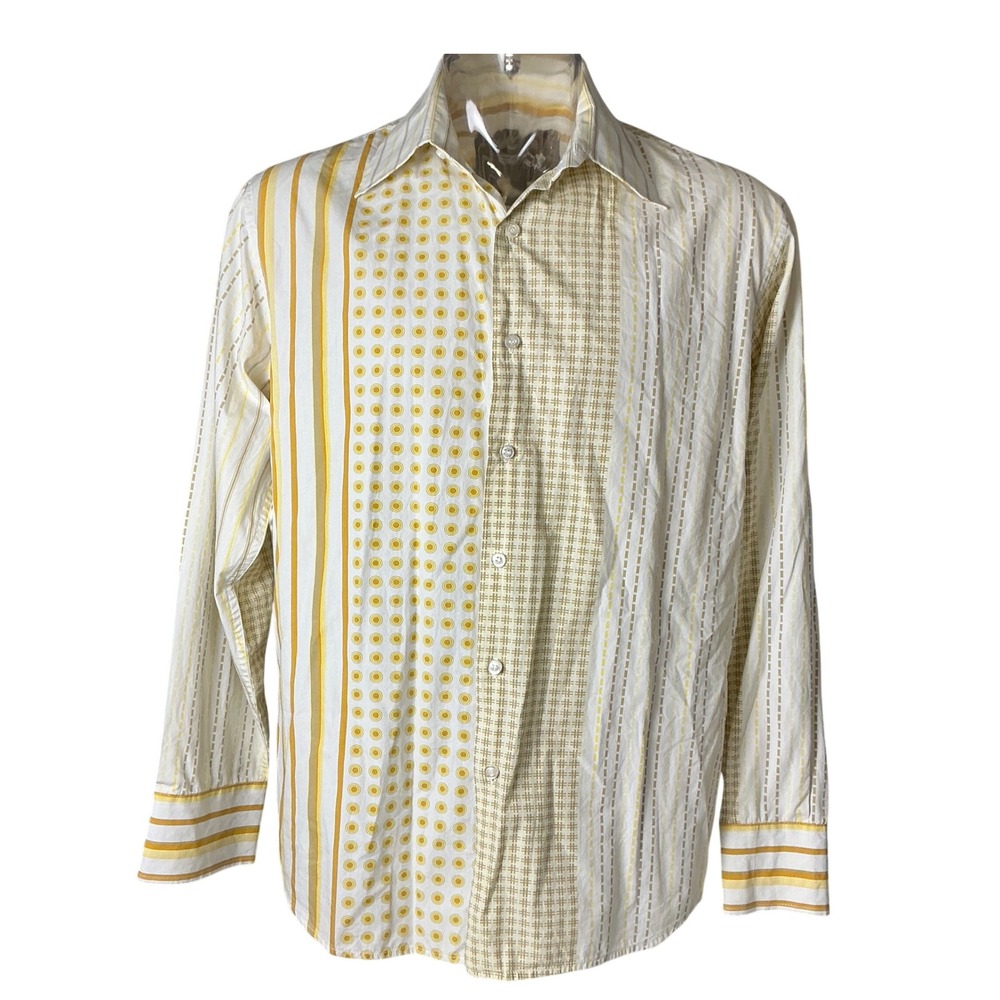 Roar Mens XL Long Sleeve Button Down Shirt Yellow White Patterned Retro